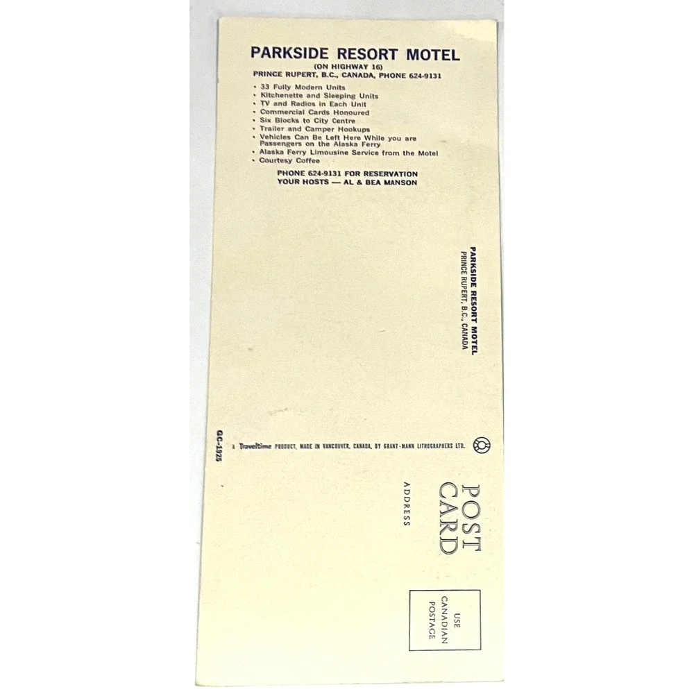 VTG Large Prince Rupert Canada Postcard Gateway Alaska The Parkside Motel Unused
